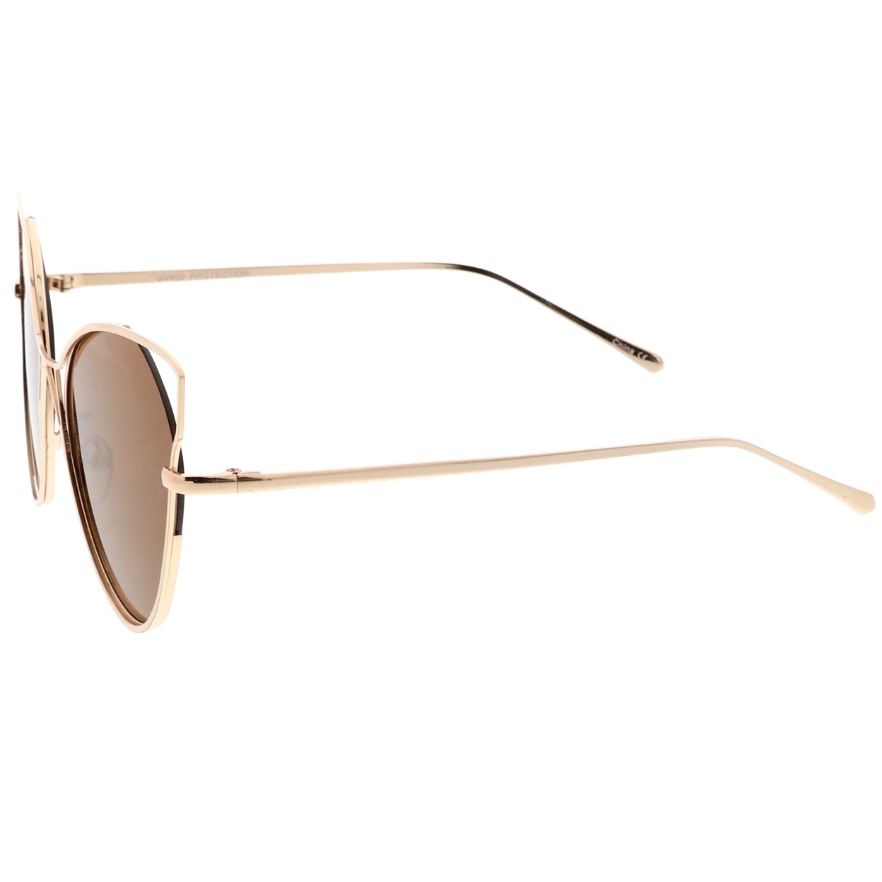 Women's Open Metal Slim Temple Neutral Colored Flat Lens Oversize Cat Eye Sunglasses 60mm - Gold / Brown