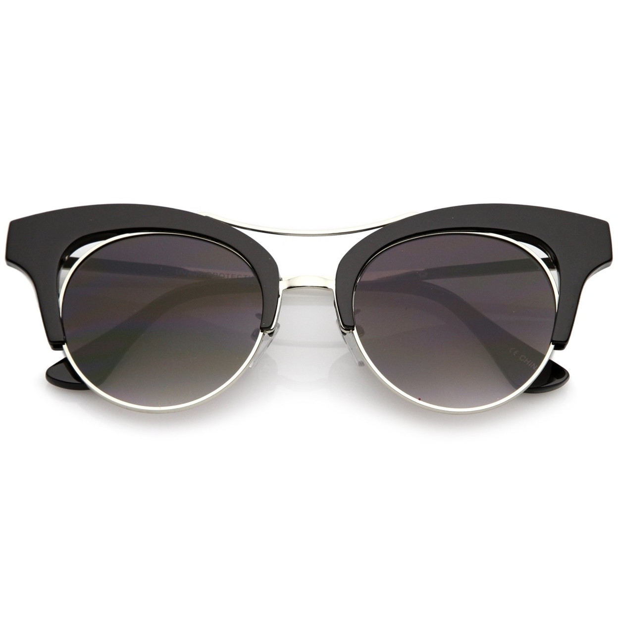 Women's Oversize Cutout Metal Brow Bar Round Flat Lens Cat Eye Sunglasses 51mm - Black-Gold / Smoke