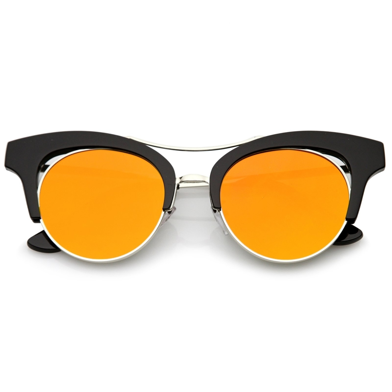 Women's Oversize Cutout Brow Bar Mirror Round Flat Lens Cat Eye Sunglasses 51mm - Black-Silver / Orange Mirror