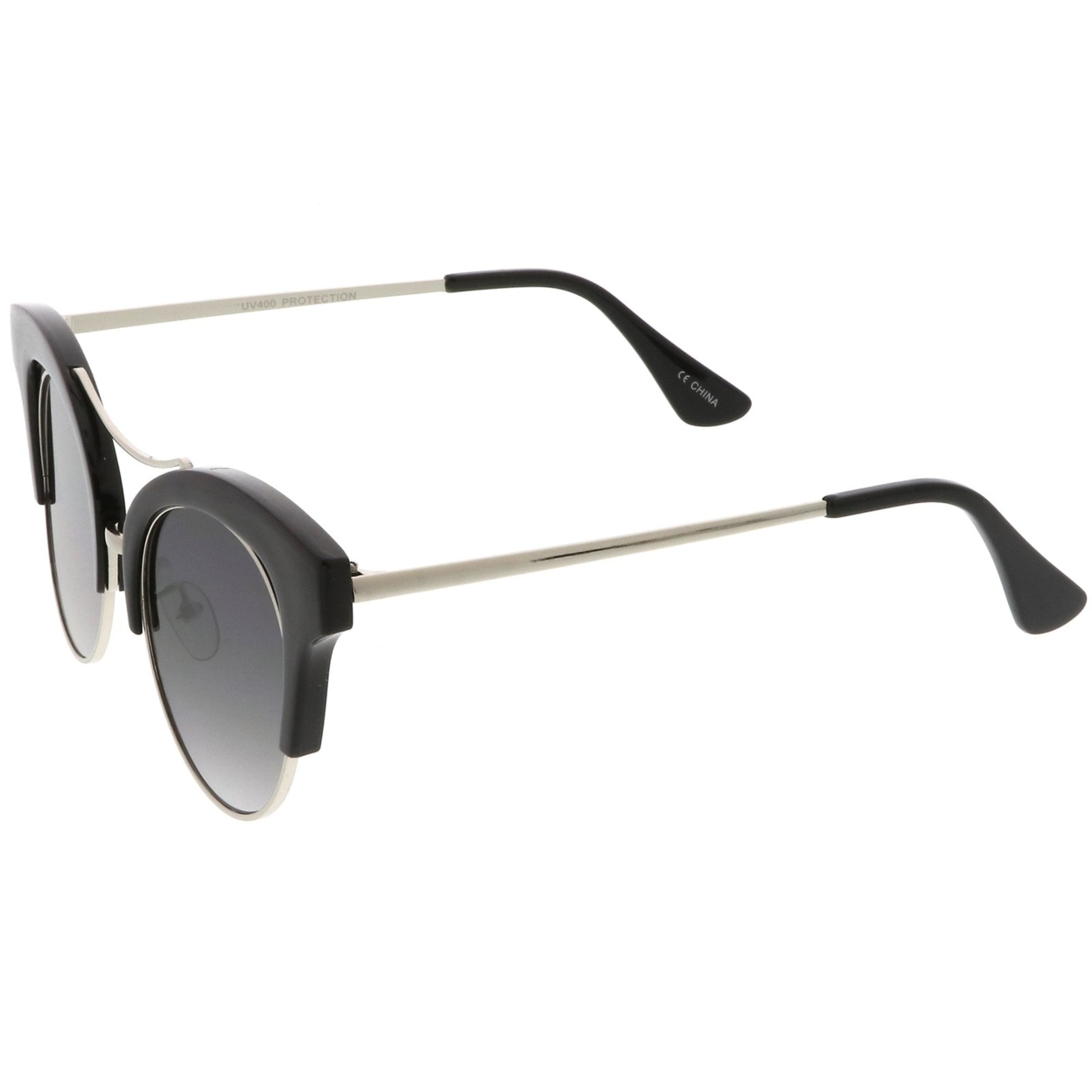 Women's Oversize Cutout Metal Brow Bar Round Flat Lens Cat Eye Sunglasses 51mm - Black-Gold / Smoke
