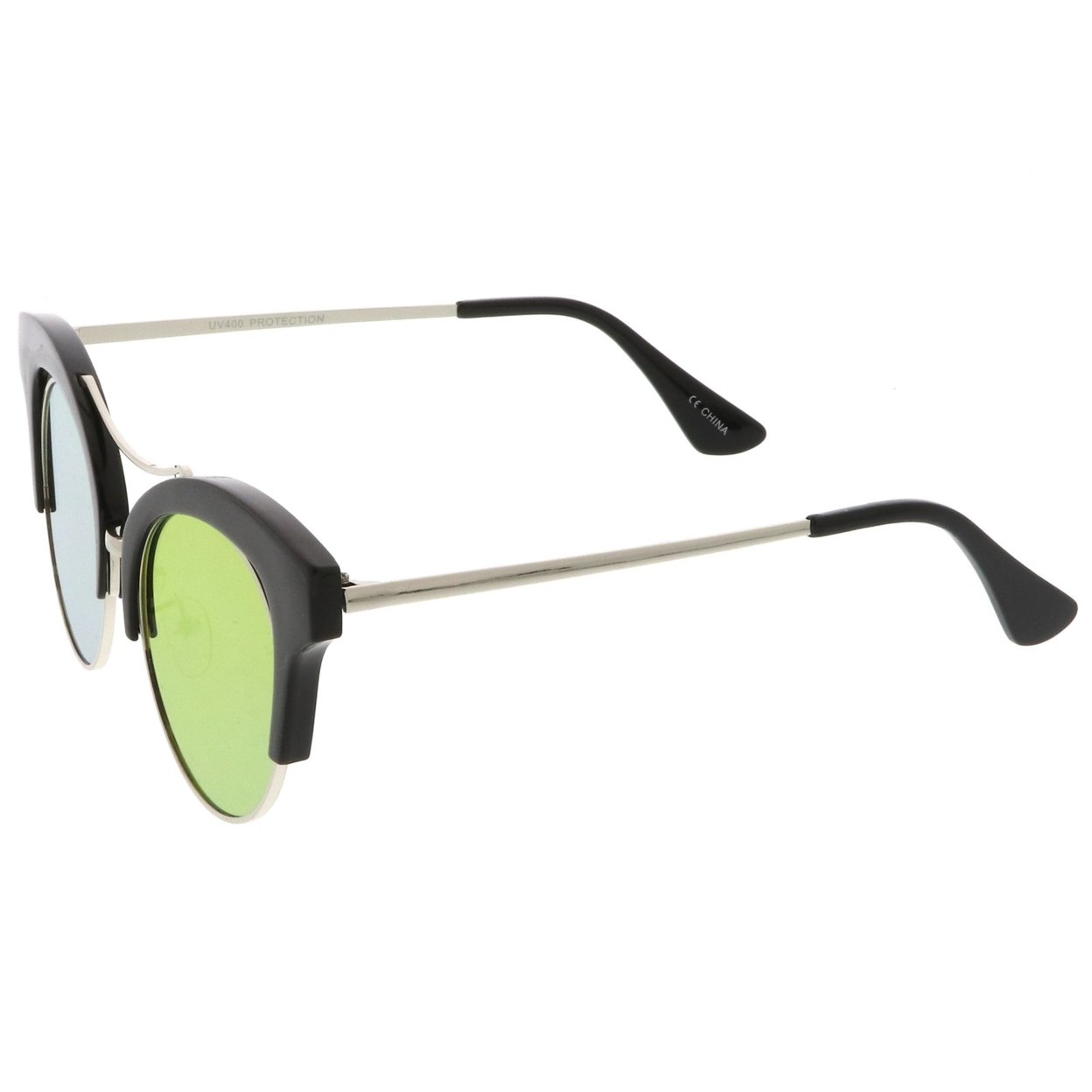 Women's Oversize Cutout Brow Bar Mirror Round Flat Lens Cat Eye Sunglasses 51mm - Black-Silver / Magenta Mirror