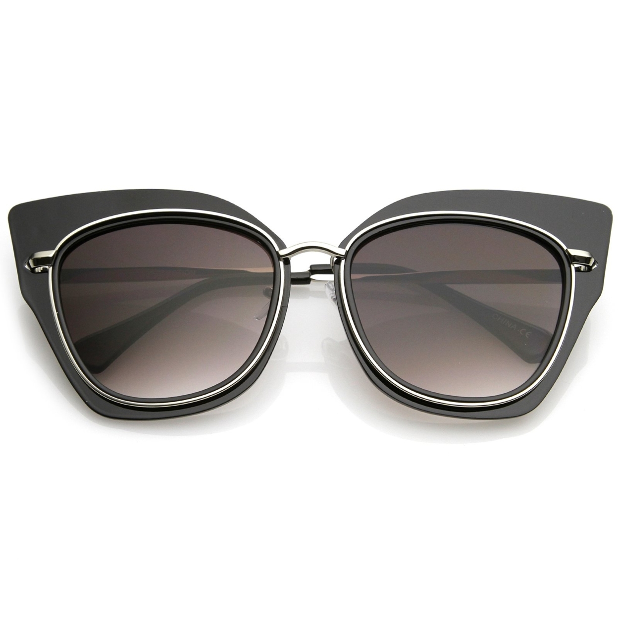 Women's Oversize Metal Trim Slim Arms Super Flat Lens Cat Eye Sunglasses 57mm - Black-Silver / Lavender