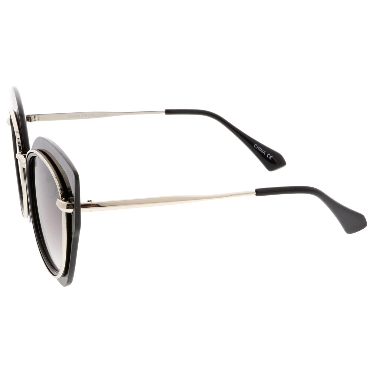 Women's Oversize Metal Trim Slim Arms Super Flat Lens Cat Eye Sunglasses 57mm - Black-Gold / Lavender