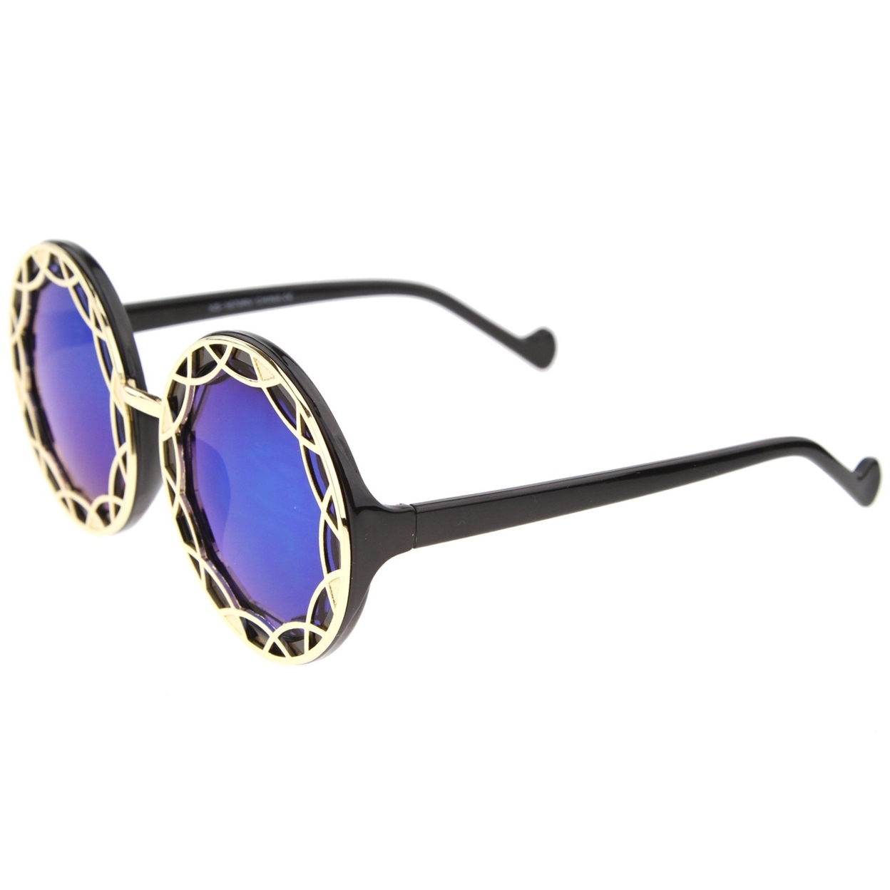 Women's Oversize Ornate Flat Pattern Color Mirror Lens Round Sunglasses 55mm - White-Gold / Blue Mirror