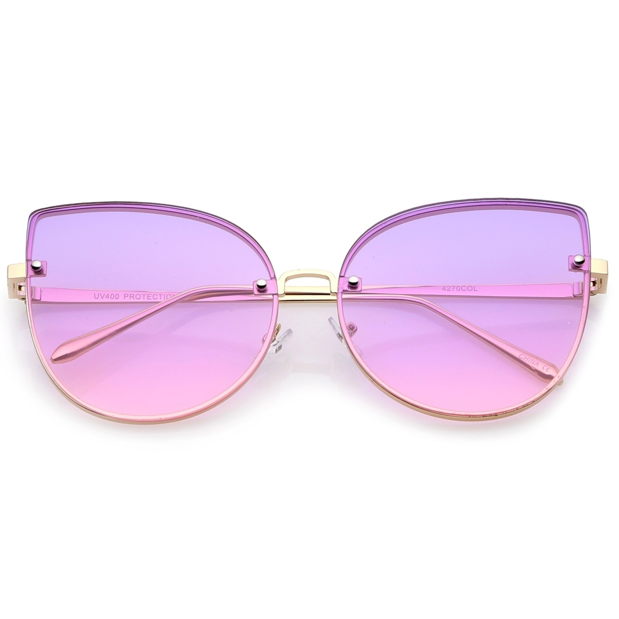 Women's Oversize Slim Metal Rimless Gradient Flat Lens Cat Eye Sunglasses 61mm - Gold / Smoke-Brown