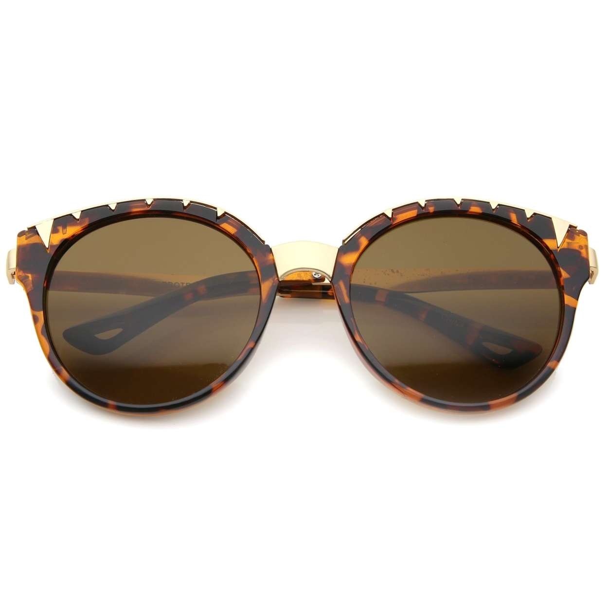 Women's Oversize Triangle Detail Round Cat Eye Sunglasses 55mm - Tortoise-Gold / Brown