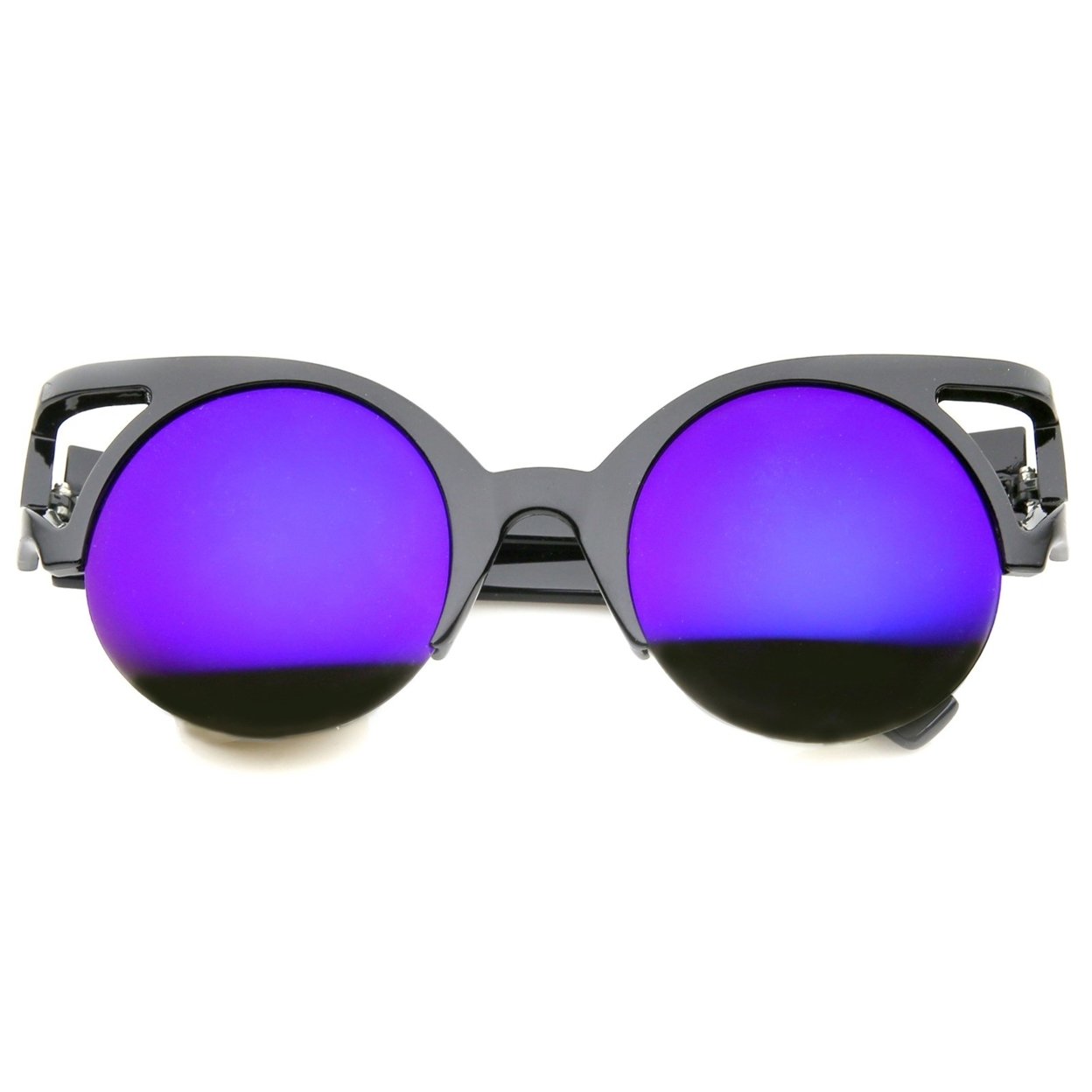 Women's Round Mirrored Lens Half Frame Cutout Cat Eye Sunglasses 50mm - Orange-Tortoise / Green-Purple Mirror