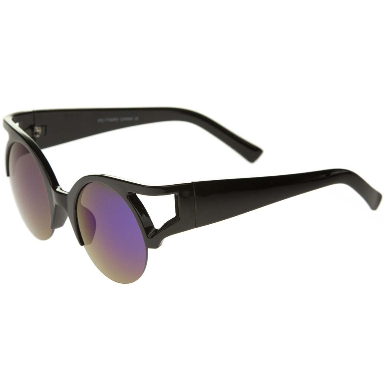 Women's Round Mirrored Lens Half Frame Cutout Cat Eye Sunglasses 50mm - Orange-Tortoise / Green-Purple Mirror
