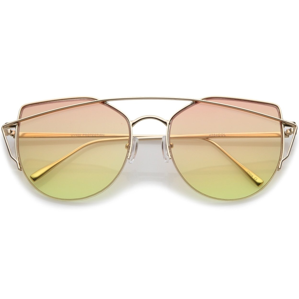 Women's Semi Rimless Metal Brow Bar Round Colored Flat Lens Cat Eye Sunglasses - Silver / Green-Yellow