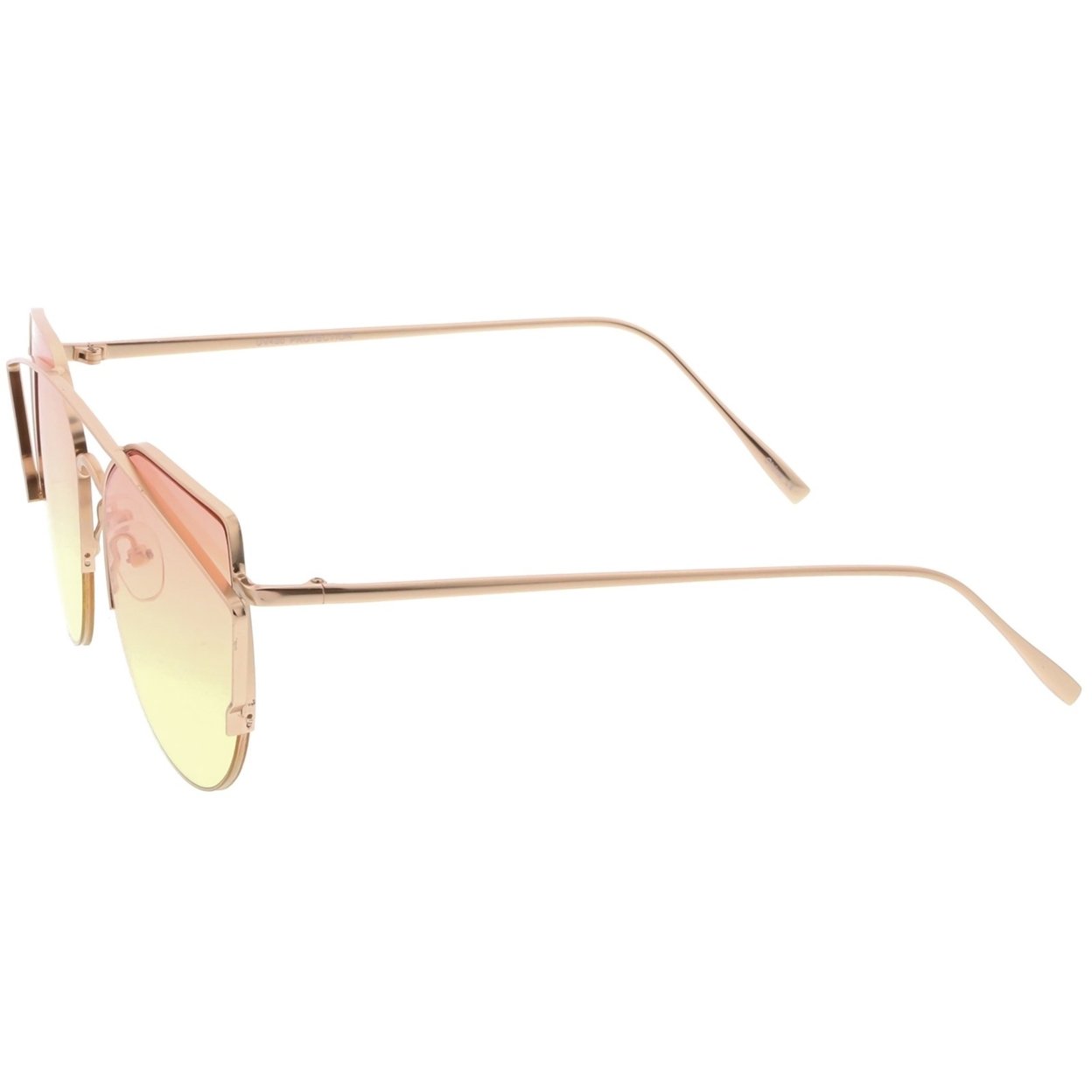 Women's Semi Rimless Metal Brow Bar Round Colored Flat Lens Cat Eye Sunglasses - Black / Brown Gradient