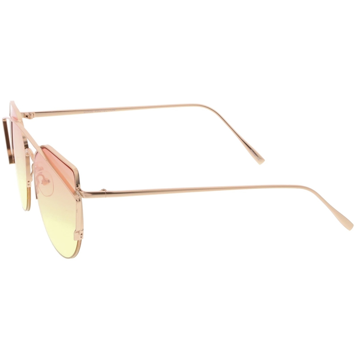 Women's Semi Rimless Metal Brow Bar Round Colored Flat Lens Cat Eye Sunglasses - Silver / Green-Yellow