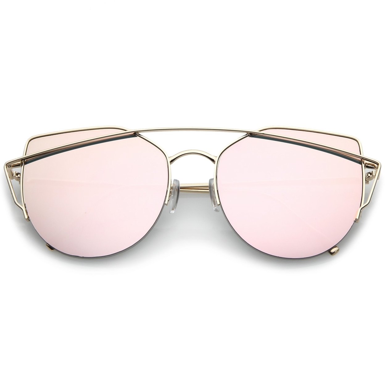 Women's Semi Rimless Metal Brow Bar Round Mirrored Flat Lens Cat Eye Sunglasses - Gold / Blue Mirror