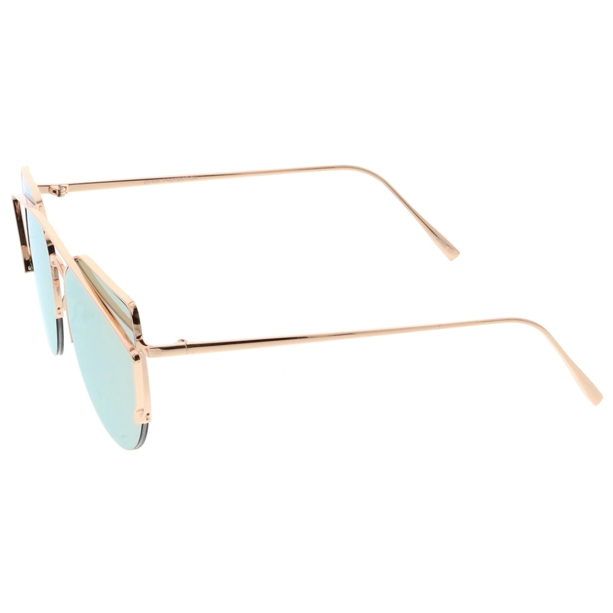 Women's Semi Rimless Metal Brow Bar Round Mirrored Flat Lens Cat Eye Sunglasses - Gold / Gold Mirror