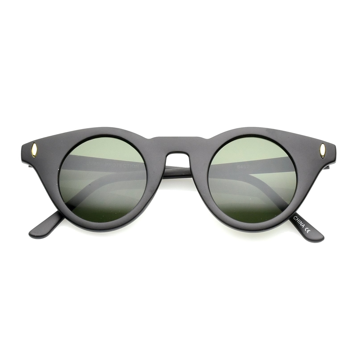 Women's Small Slim Temple Flat Round Lens Cat Eye Sunglasses 39mm - Matte Black / Green