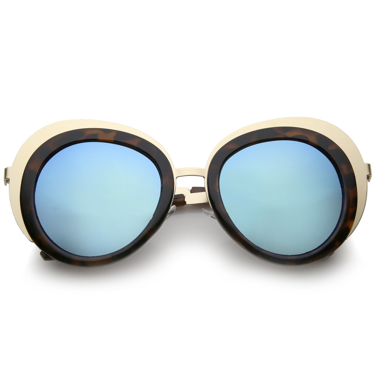 Women's Two-Tone Metal Backing Colored Mirror Lens Round Sunglasses 50mm - Gold-Black / Green-Blue Mirror