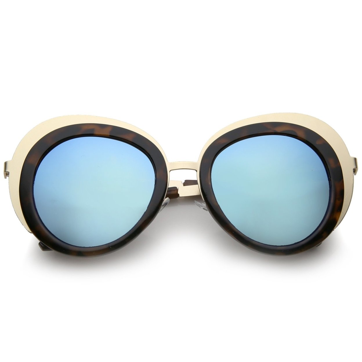 Women's Two-Tone Metal Backing Colored Mirror Lens Round Sunglasses 50mm - Gold-Tortoise / Blue Mirror