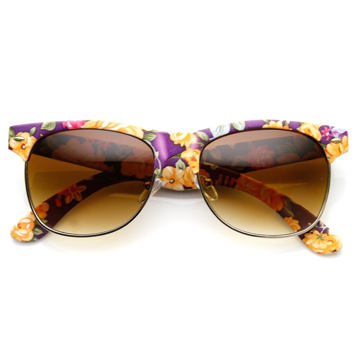 Womens Fashion Floral Print Flower Half Frame Horn Rimmed Sunglasses - Yellow-Floral Amber