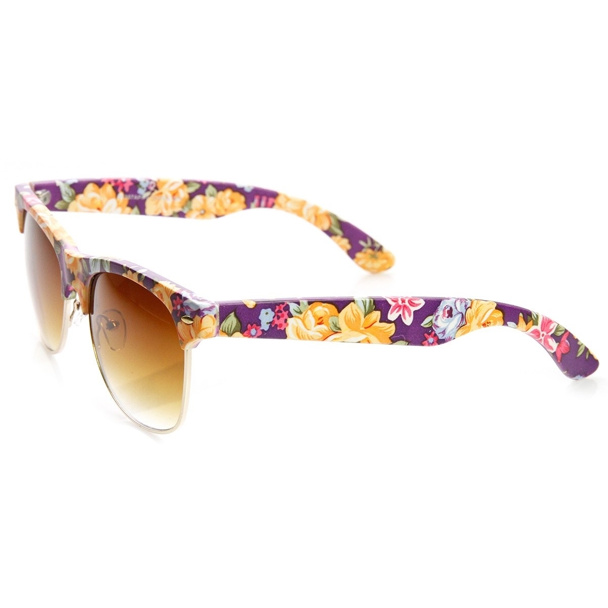 Womens Fashion Floral Print Flower Half Frame Horn Rimmed Sunglasses - Yellow-Floral Amber
