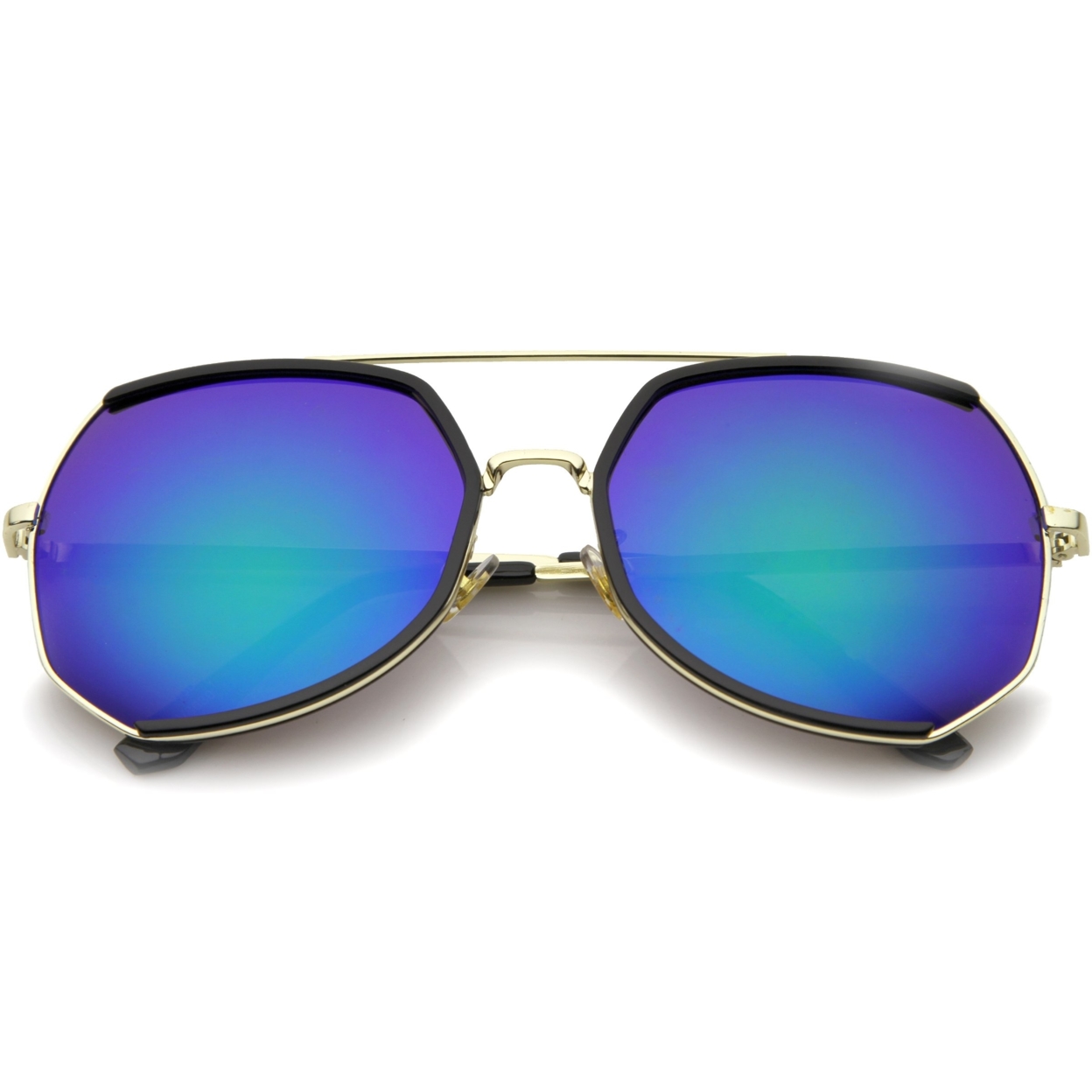 Womens Fashion Gold Metal Crossbar Mirror Lens Oversized Sunglasses 64mm - Black-Gold / Blue Mirror