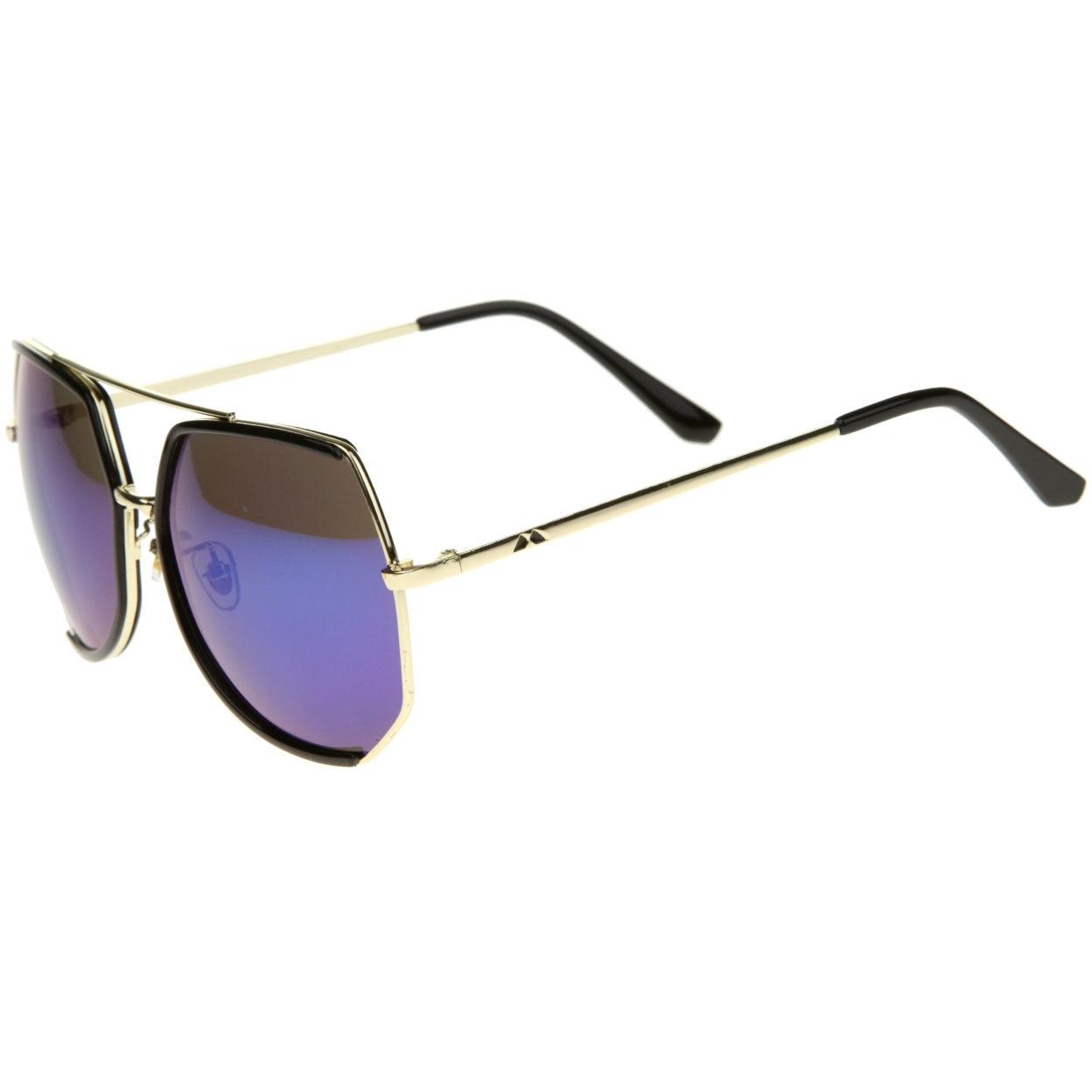 Womens Fashion Gold Metal Crossbar Mirror Lens Oversized Sunglasses 64mm - Black-Gold / Blue Mirror