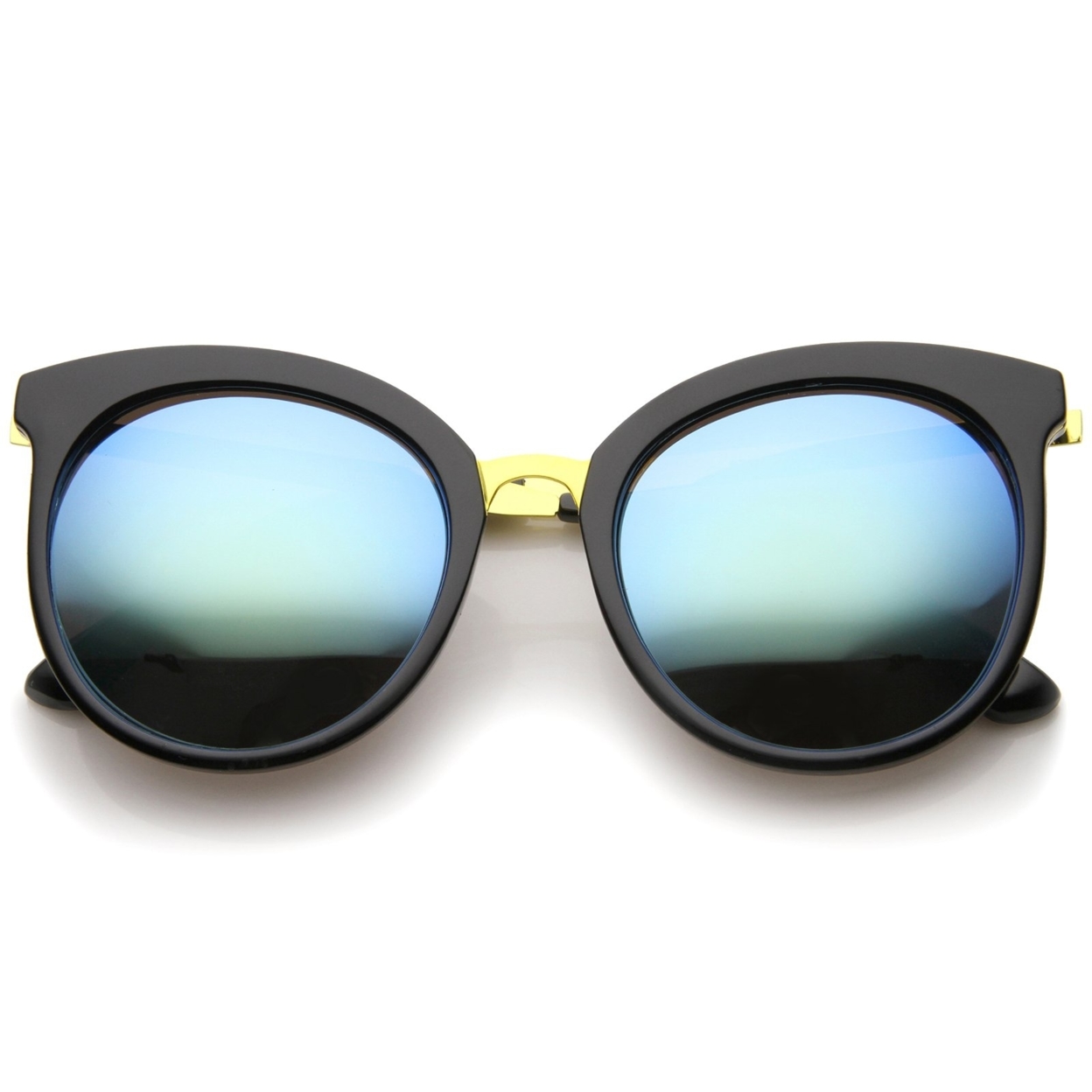 Womens Fashion Oversized Mirrored Lens Round Cat Eye Sunglasses 56mm - Black-Gold / Magenta Mirror