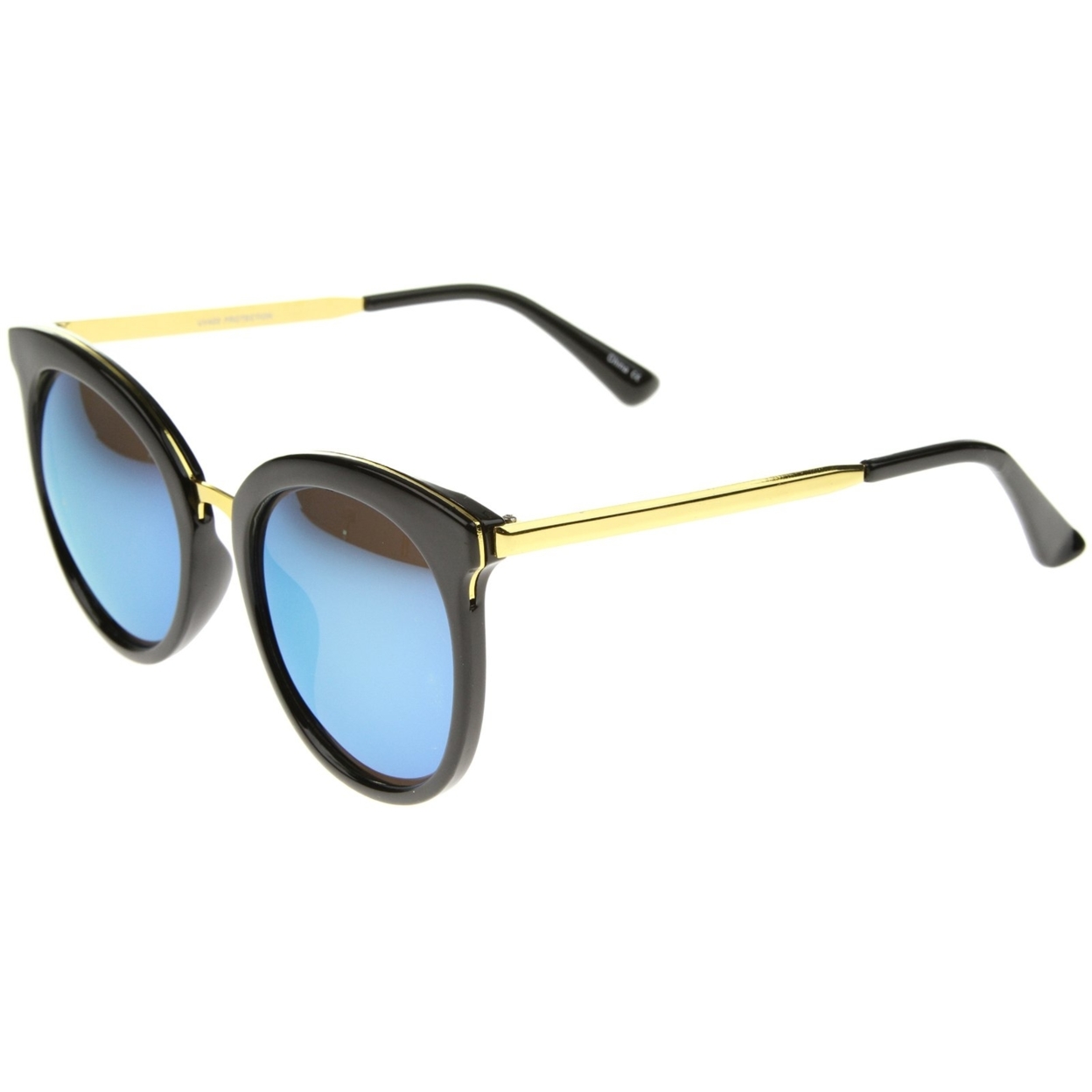 Womens Fashion Oversized Mirrored Lens Round Cat Eye Sunglasses 56mm - Black-Gold / Magenta Mirror