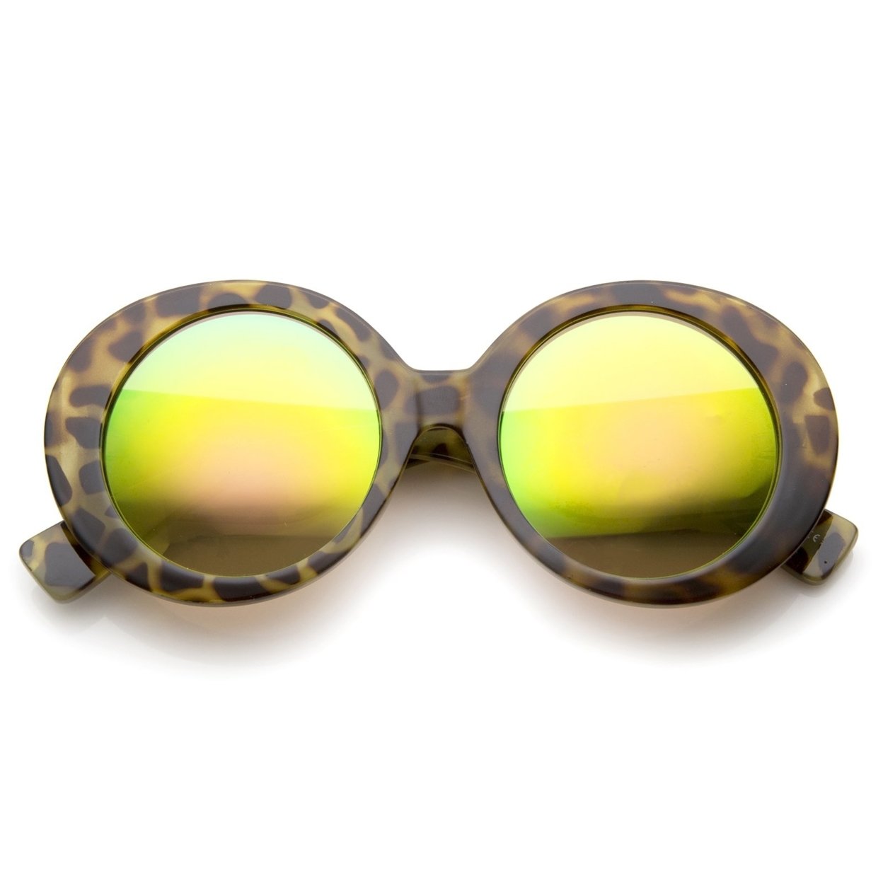 Womens High Fashion Chunky Colored Mirror Round Oversize Sunglasses 50mm - Black / Orange-Yellow Mirror