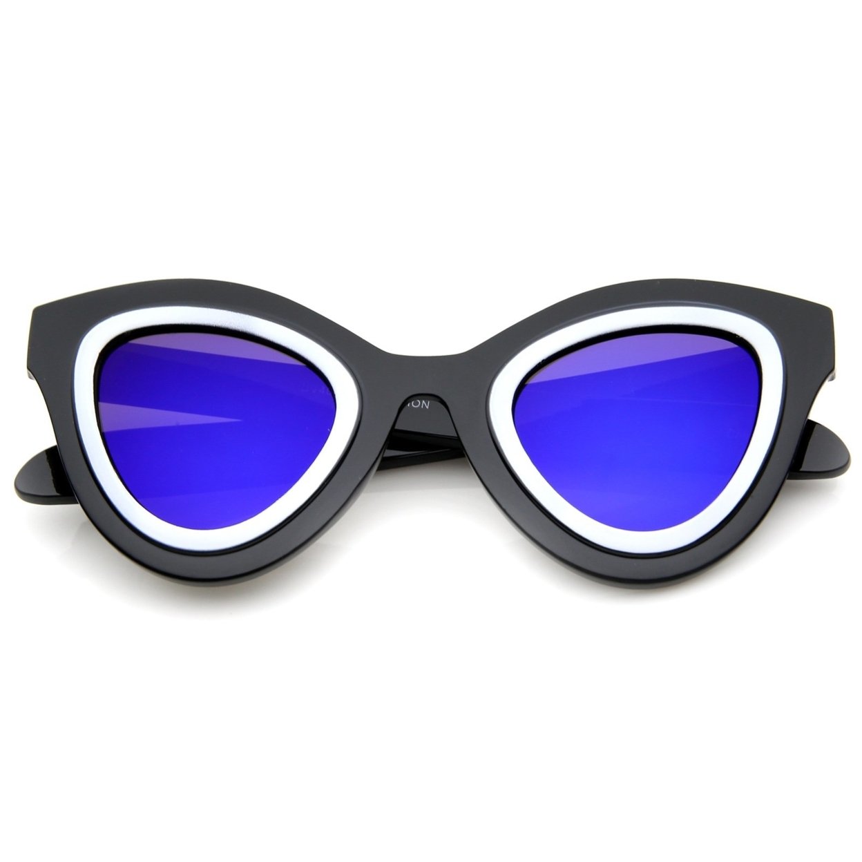 Womens High Fashion Two-Toned Mirrored Cat Eye Sunglasses 42mm - Shiny Black-White / Blue Mirror