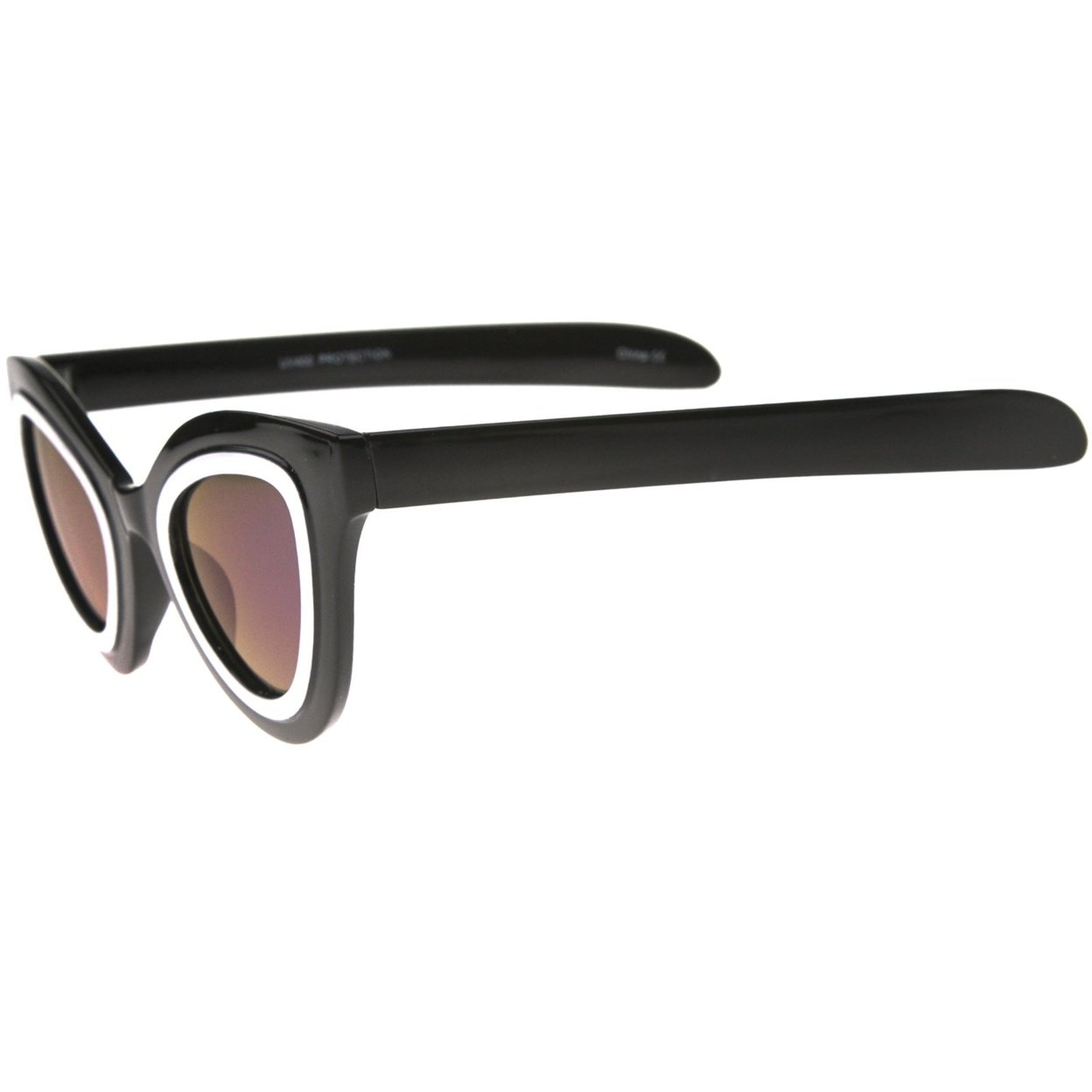 Womens High Fashion Two-Toned Mirrored Cat Eye Sunglasses 42mm - Shiny Black-White / Blue Mirror