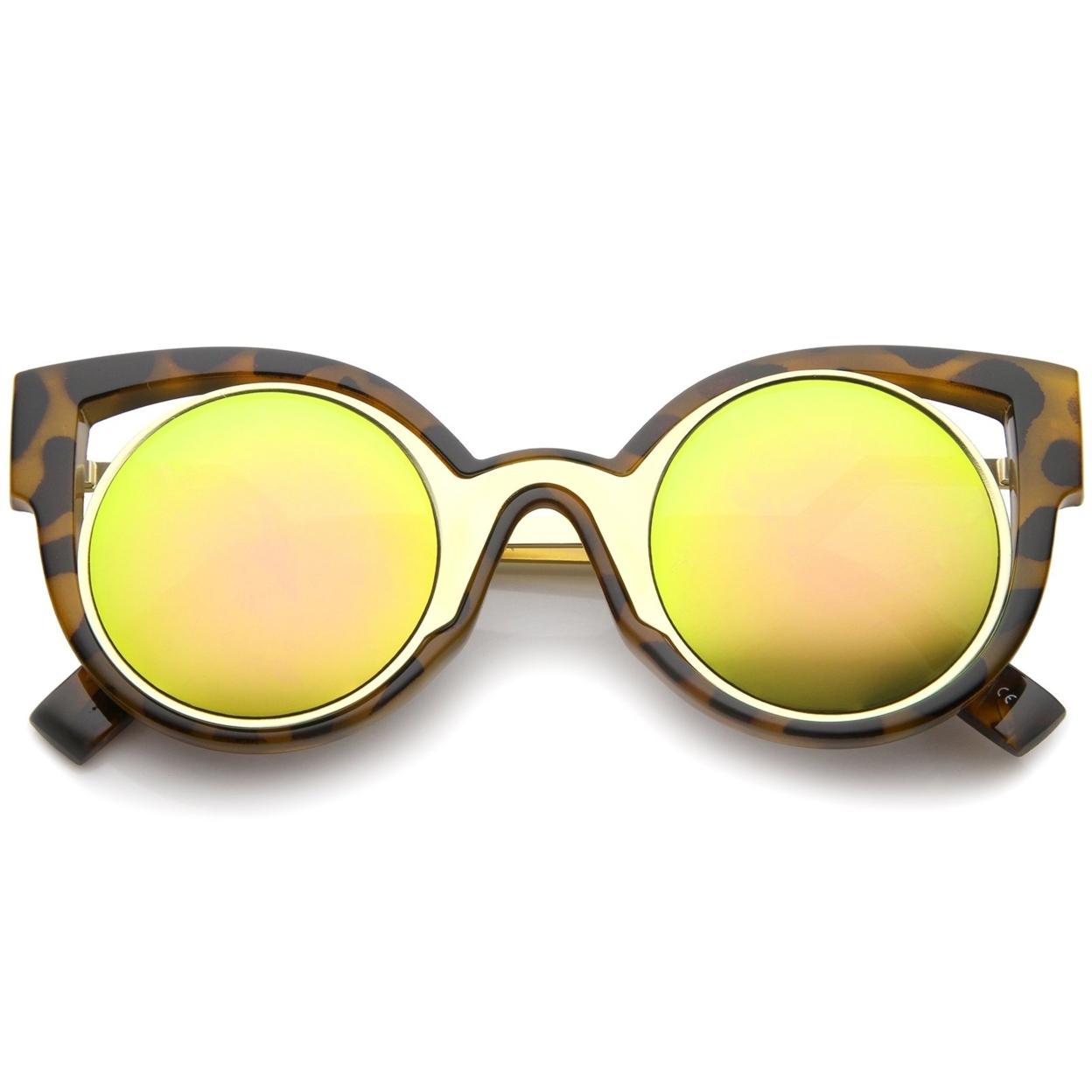 Womens Inner Metal Frame Zigzag Stepped Temple Two-Tone Cat Eye Sunglasses - Tortoise-Gold / Yellow Mirror