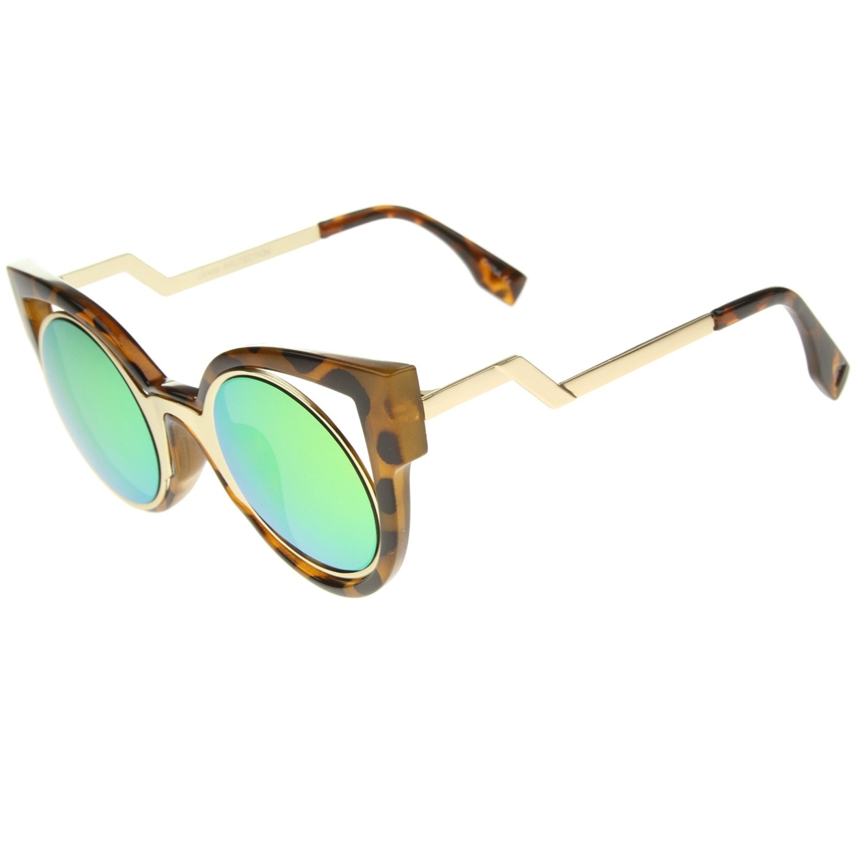 Womens Inner Metal Frame Zigzag Stepped Temple Two-Tone Cat Eye Sunglasses - Tortoise-Gold / Yellow Mirror