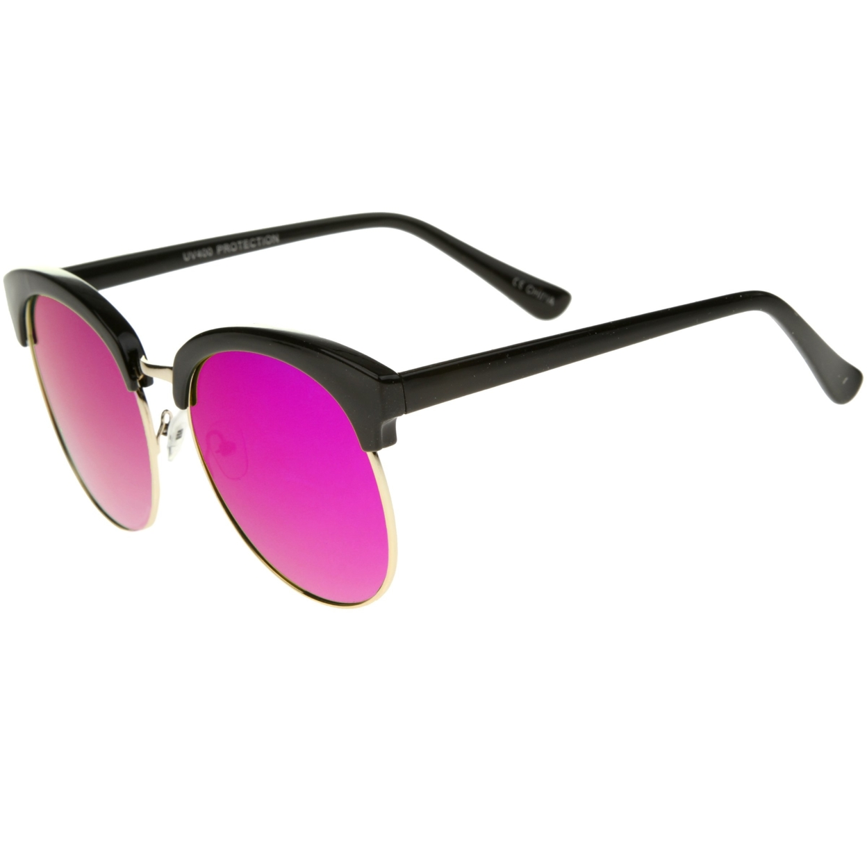 Womens Oversize Half-Frame Mirrored Flat Lens Round Sunglasses 68mm - Tortoise-Gold / Purple Mirror