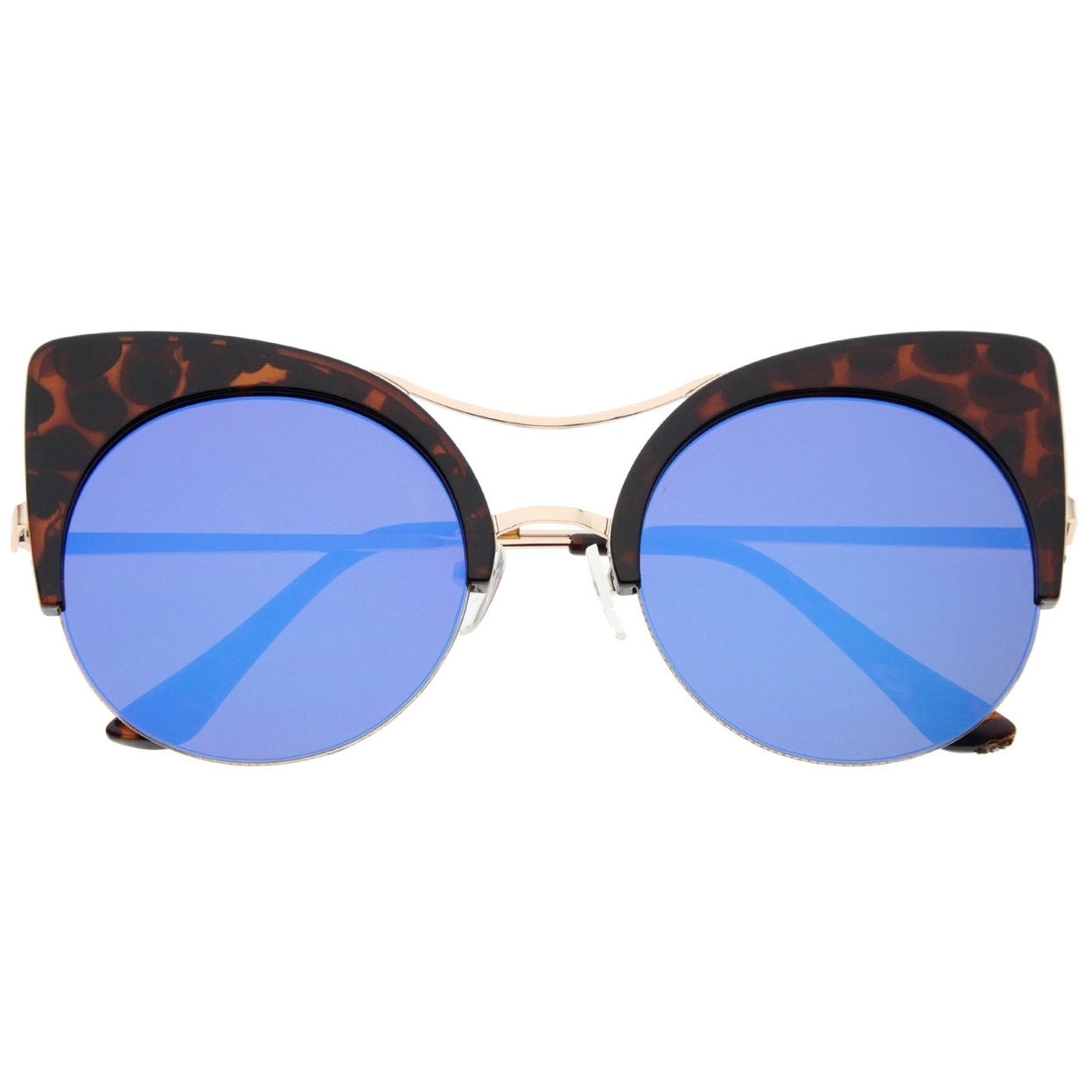 Womens Oversized Half Frame Semi-Rimless Flat Lens Round Cat Eye Sunglasses 60mm - White-Gold / Ice