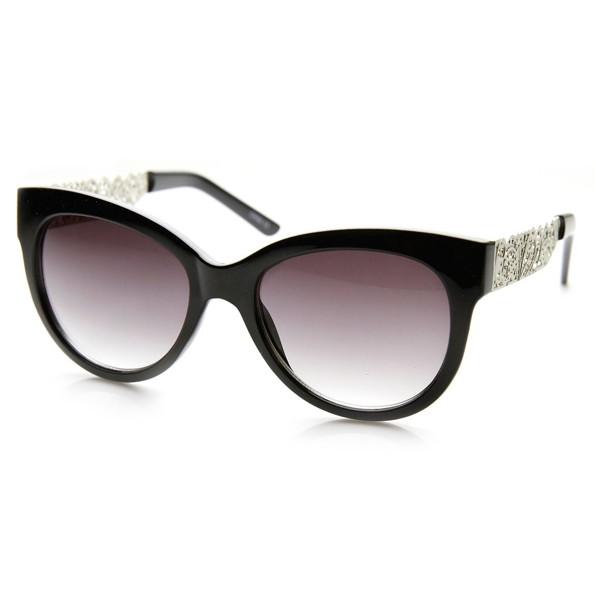 Womens Oversized Laser Cut Out Metal Temple Cateye Sunglasses - Black-Gold Lavender