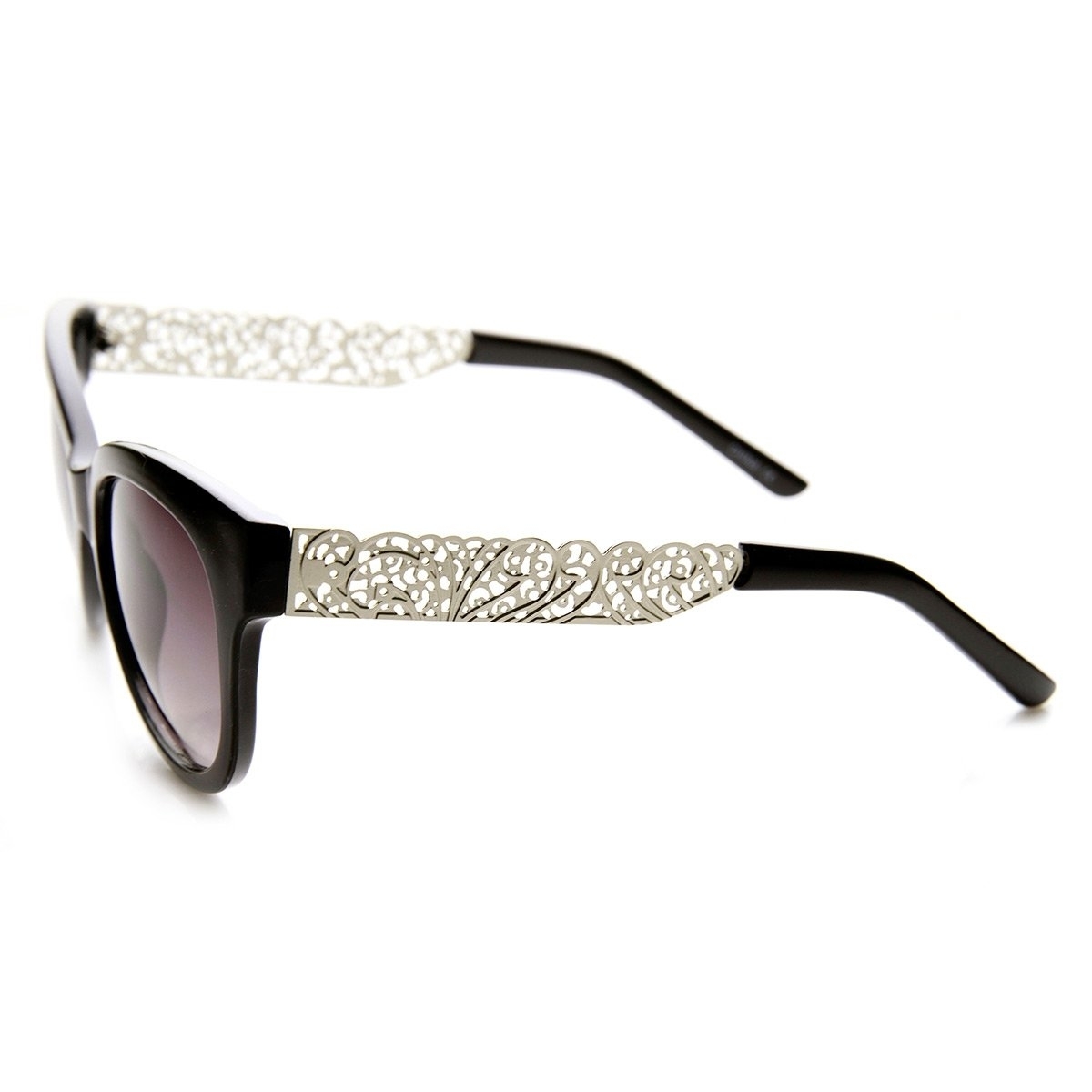 Womens Oversized Laser Cut Out Metal Temple Cateye Sunglasses - Black-Black Smoke