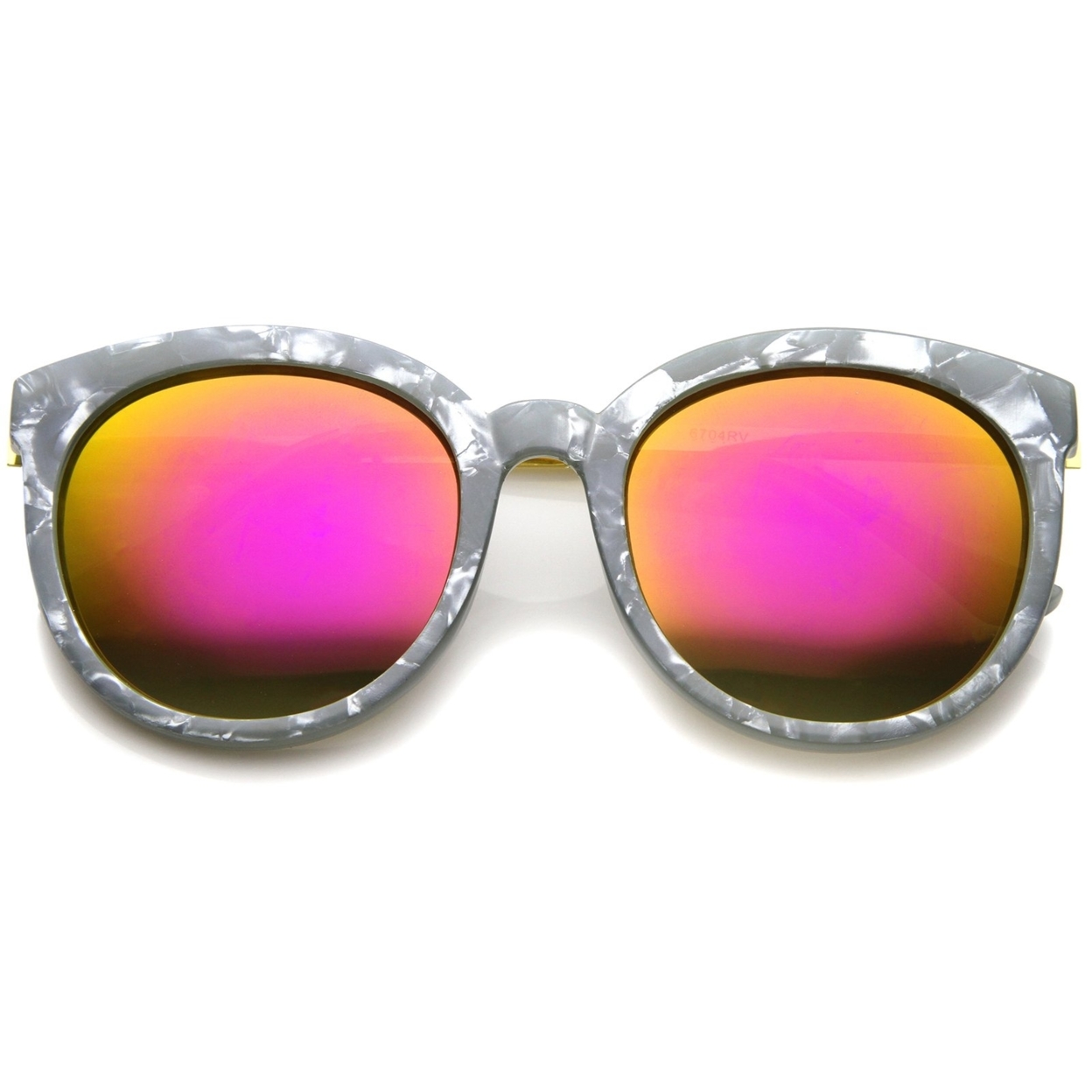 Womens Oversized Marble Finish Metal Temple Mirrored Lens Round Sunglasses - Grey-Gold / Magenta Mirror