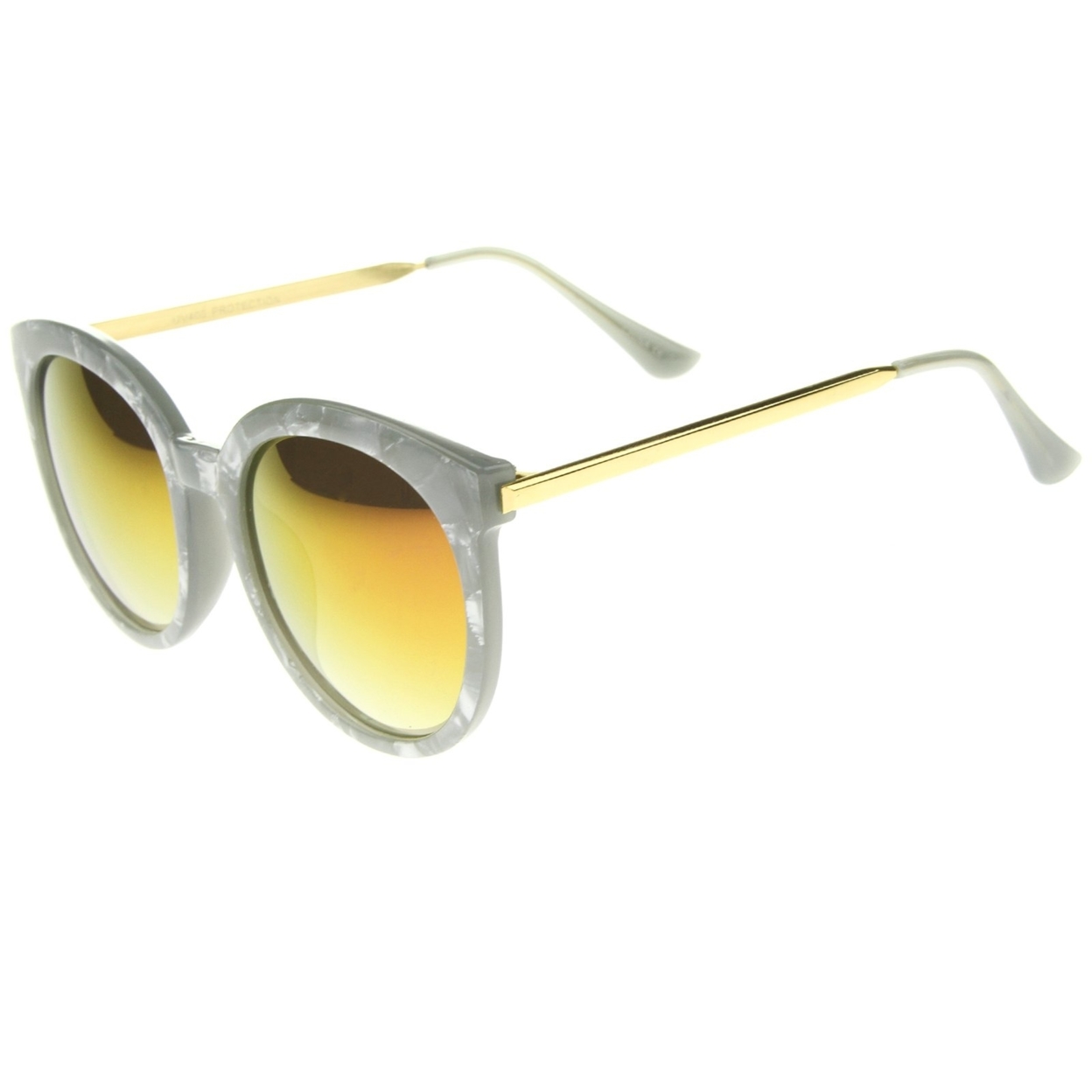 Womens Oversized Marble Finish Metal Temple Mirrored Lens Round Sunglasses - Grey-Gold / Magenta Mirror