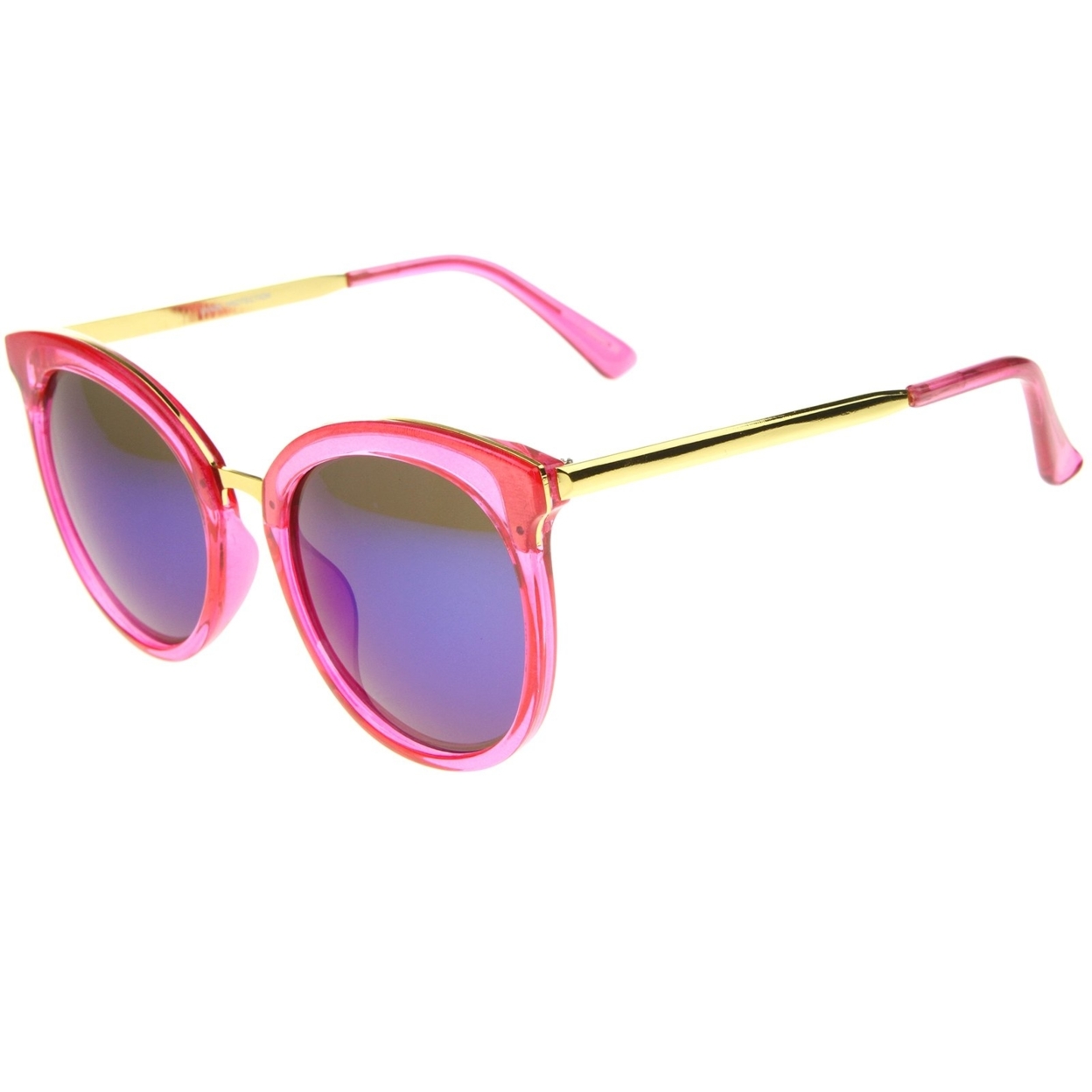 Womens Round Oversized Translucent High Temple Color Mirrored Lens Cat Eye Sunglasses - Pink-Gold / Blue Mirror