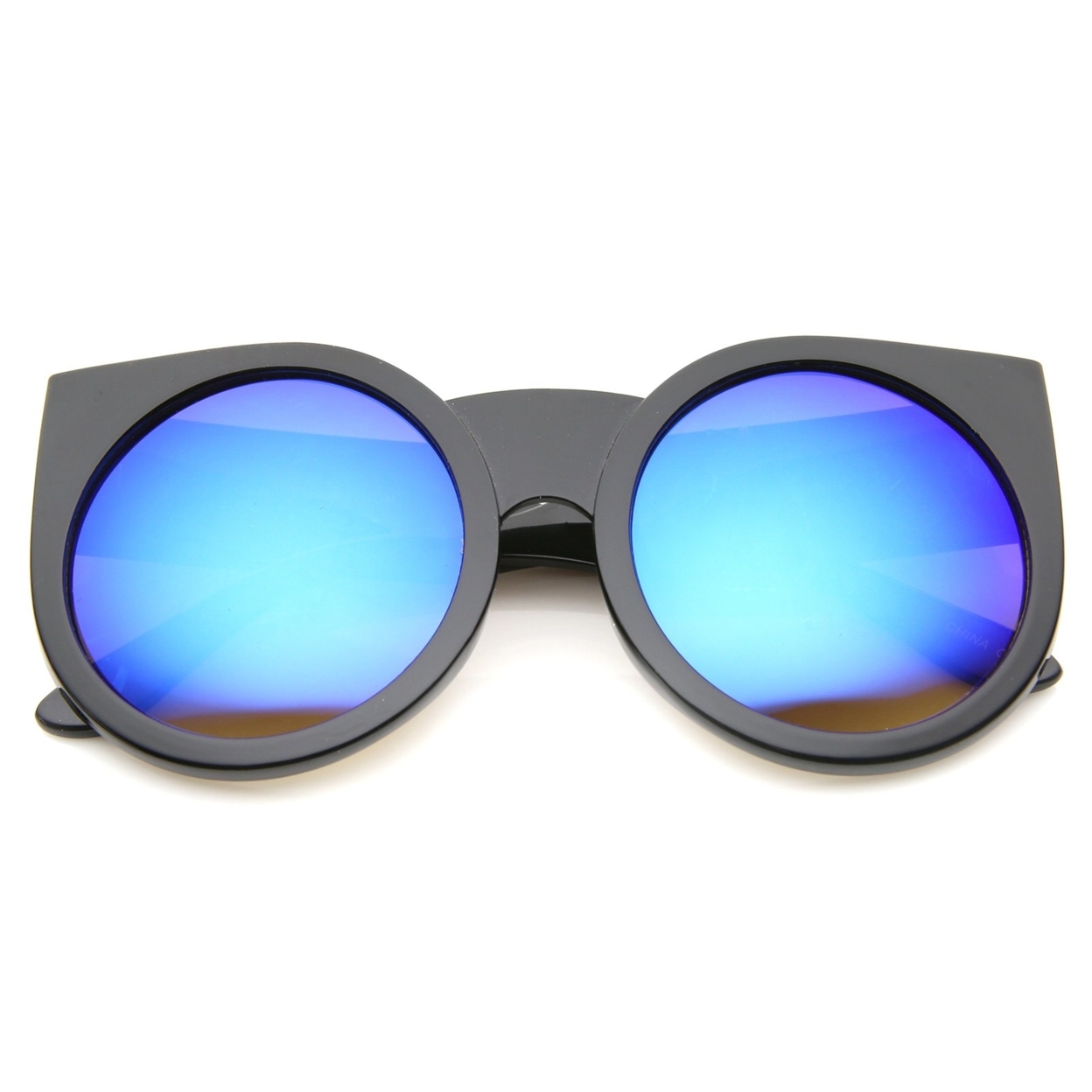 Womens Thick Frame Color Mirror Lens Round Cat Eye Sunglasses 55mm - Black / Blue Mirror