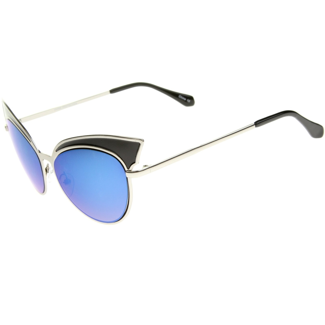 Womens Two-Tone Oversized Metal Mirrored Cat Eye Sunglasses 57mm - Black-Silver / Blue Mirror