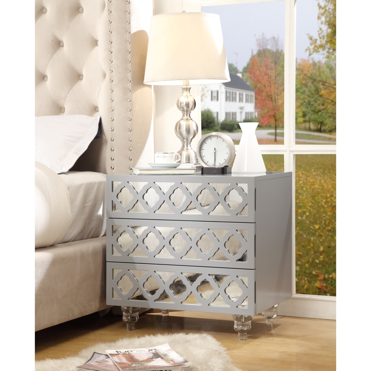Billie Glossy Mirrored Nightstand-3-drawer-Side Table-Lucite Acrylic Legs-Modern & Functional By Inspired Home - White