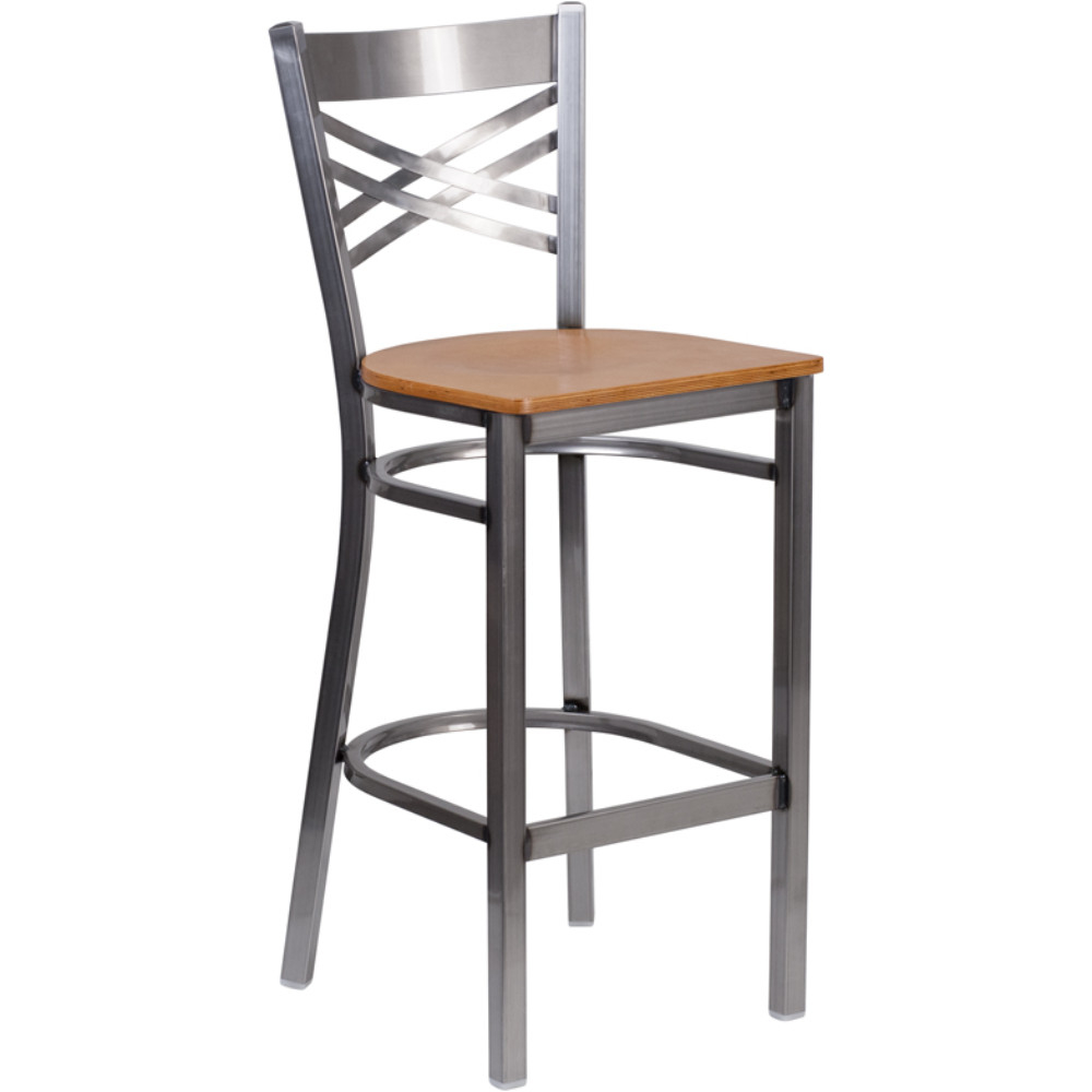 HERCULES Series Clear Coated ''X'' Back Metal Restaurant Barstool, Gray And Natural