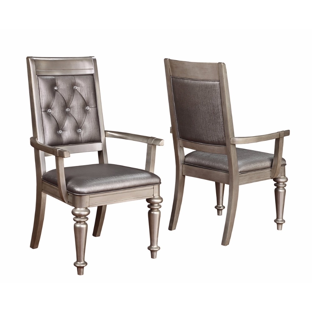 Wooden Dining Side Arm Chair With Tufted Back, Gray & Silver, Set Of 2- Saltoro Sherpi