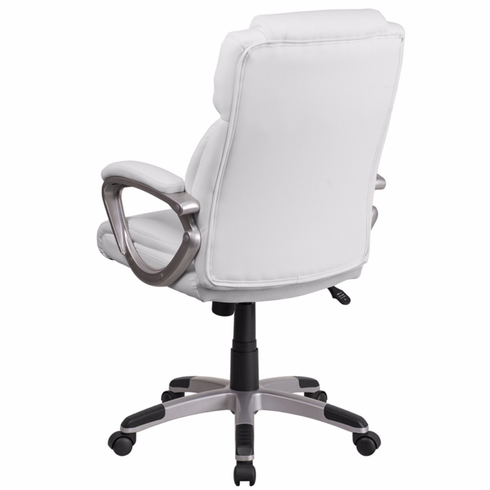 Mid-Back White Leather Executive Swivel Chair With Padded Arms