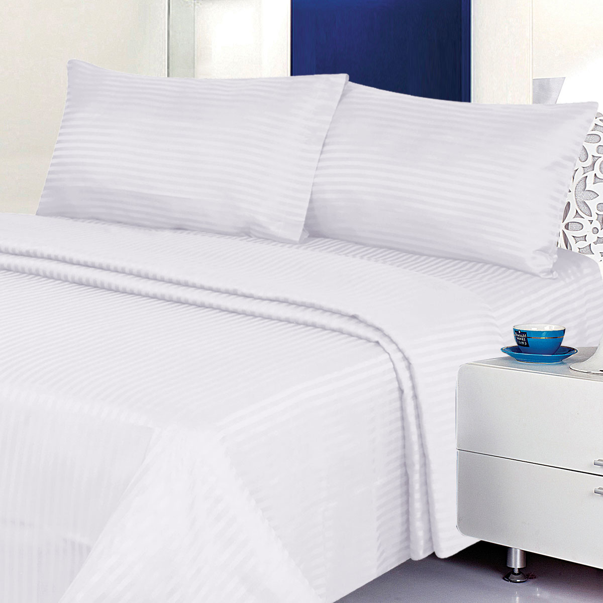 Deluxe 6PC Classic Cotton-Blend Sateen Dobby Stripe Bed Sheet Set - Queen, Light Blue