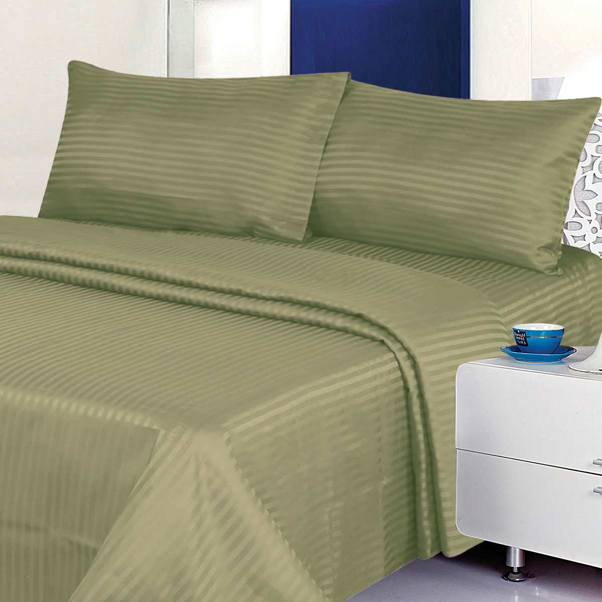 Deluxe 6PC Classic Cotton-Blend Sateen Dobby Stripe Bed Sheet Set - Full, Light Blue