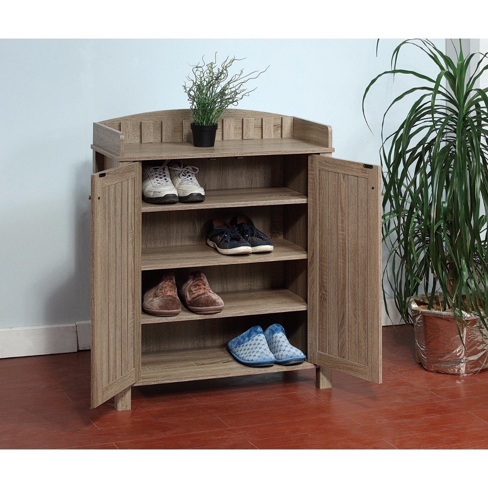 Slatted Pattern Shoe Cabinet With Molded Top, Brown- Saltoro Sherpi