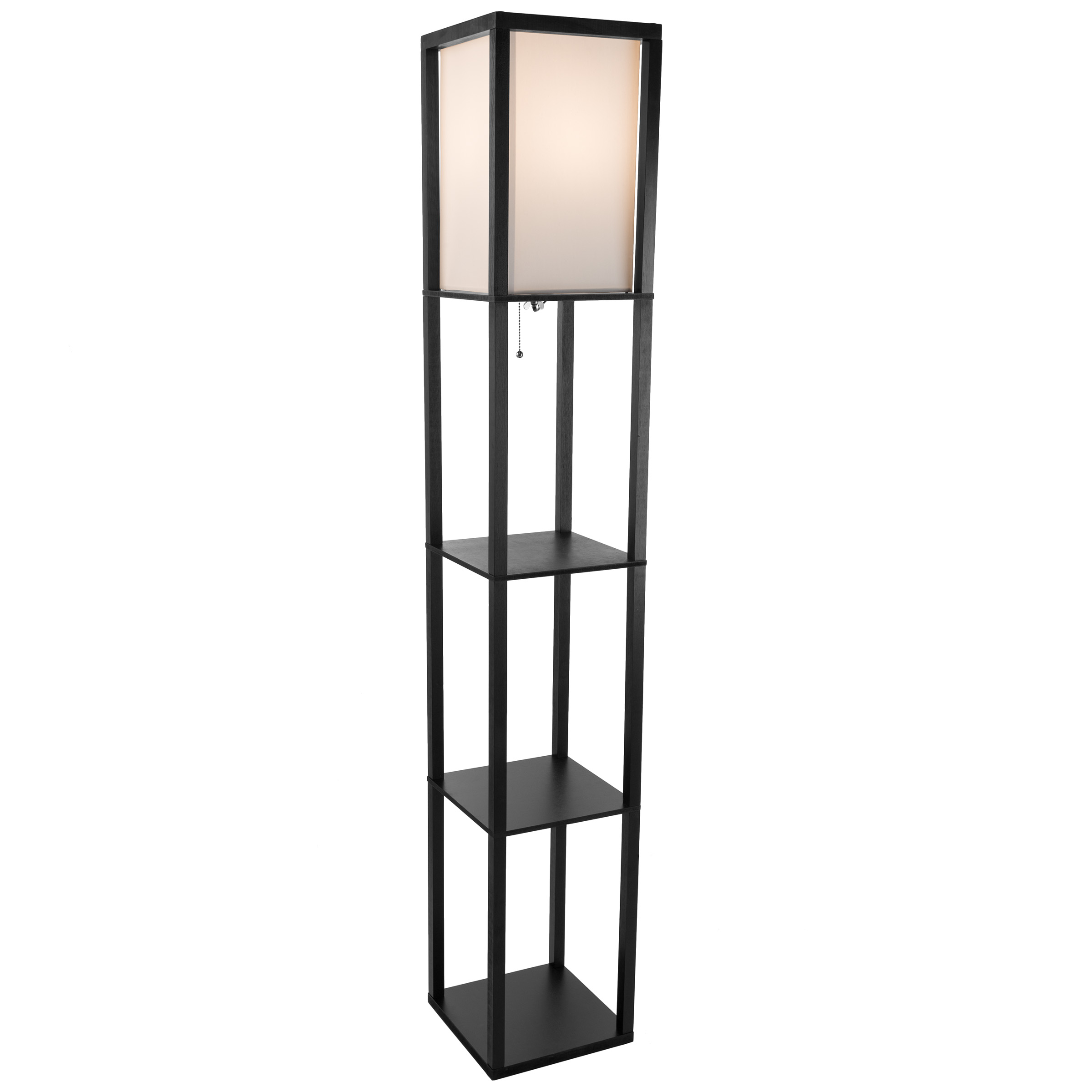 Etagere Black Floor Lamp Fabric Shade Ambient LED Light 3 Shelves Decor Elegant