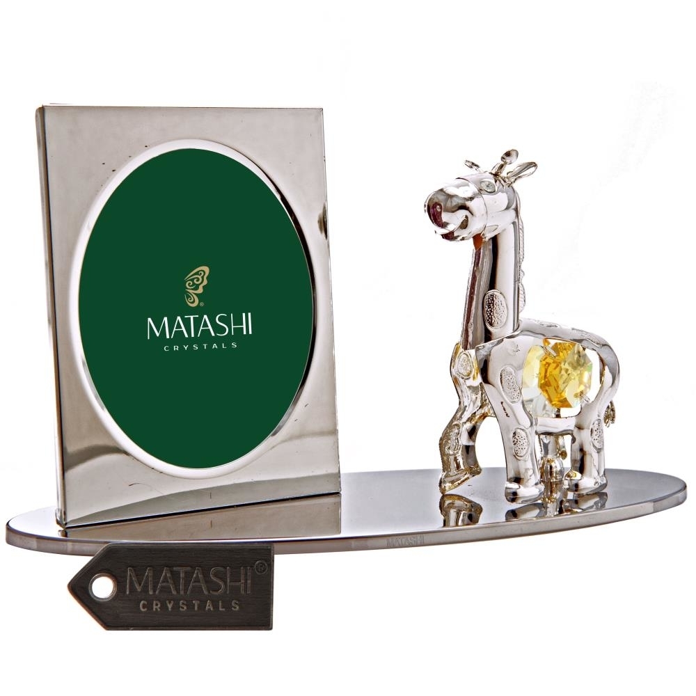 Silver Plated Picture Frame With Crystal Studded Cartoon Giraffe Figurine On A Base By Matashi