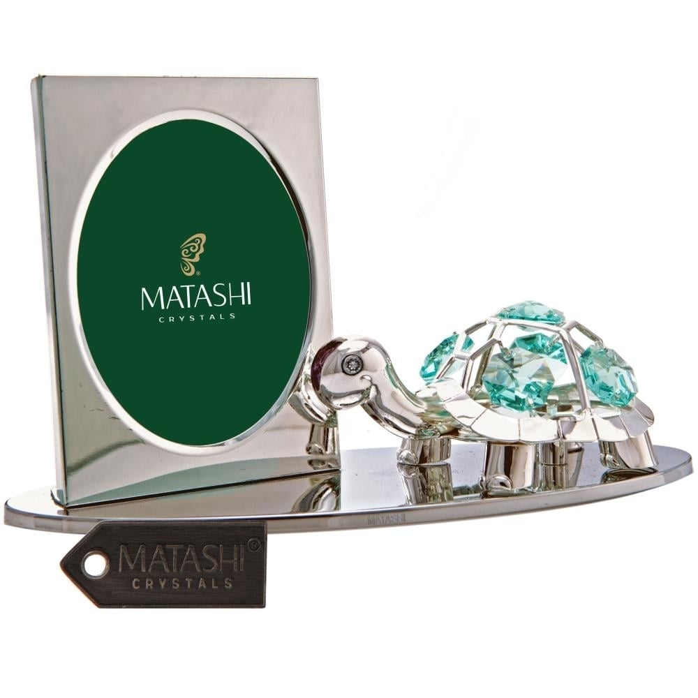Silver Plated Picture Frame With Crystal Decorated Cartoon Tortoise Figurine On A Base By Matashi